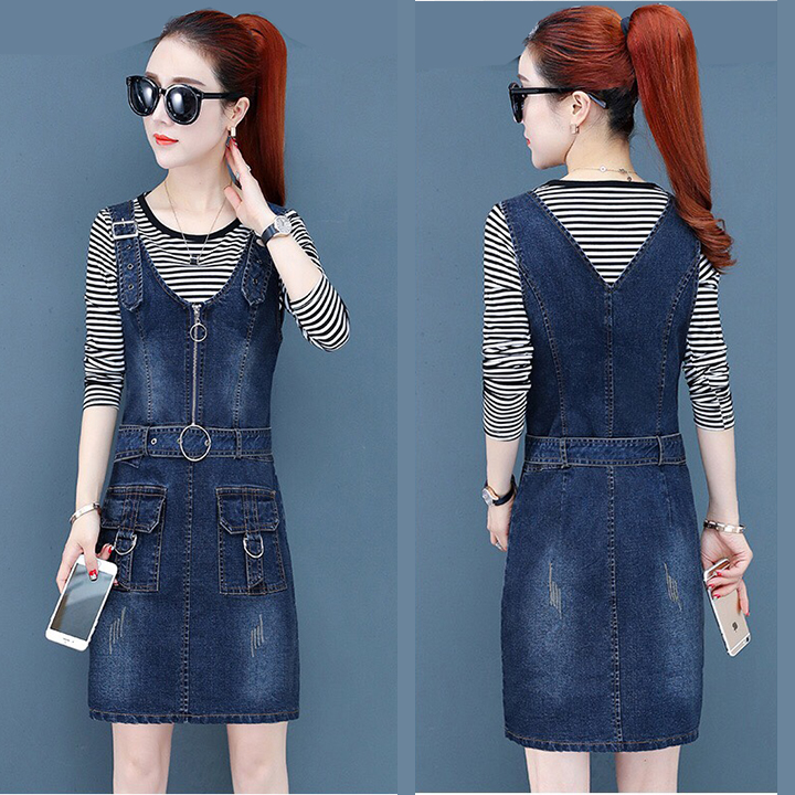 ĐẦM YẾM JEAN CỔ V KHÓA KÉO THẮT ĐAI EO